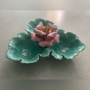 Vintage Enchanto candy dish turquoise leaves (cabbage?) and pink rose